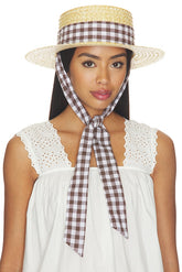 Straw Boater Hat With Gingham Ribbon Band