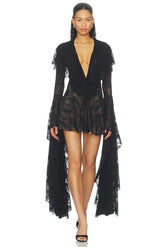 Xl Sleeve Deep V Ruffle Mini Dress