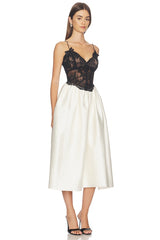 Cream Taffeta Contrast Lace Midi Dress