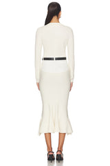 Cream Knit Denim Insert Midi Dress