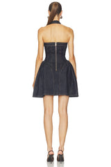 Indigo Denim Halterneck Flared Mini Dress