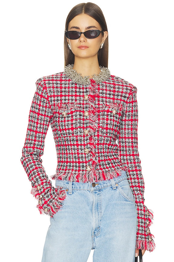 Red Check Frayed Knit Jacket