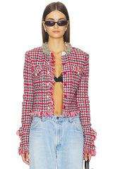 Red Check Frayed Knit Jacket