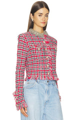 Red Check Frayed Knit Jacket
