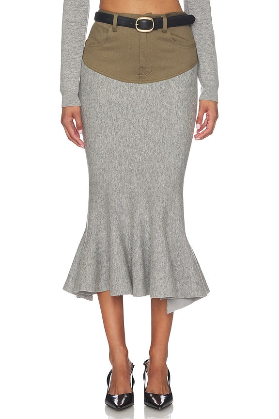 Grey Knit Khaki Denim Insert Midi Skirt