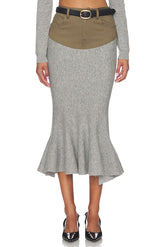 Grey Knit Khaki Denim Insert Midi Skirt