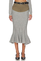 Grey Knit Khaki Denim Insert Midi Skirt