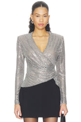 Grey Rhinestone Mesh Wrap Top