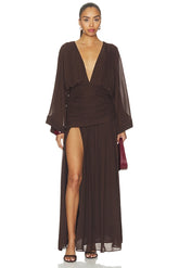 Amina Balloon Sleeve Plunged Maxi Dress
