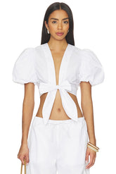 Poplin Bubble Sleeve Tie Front Top