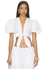 Poplin Bubble Sleeve Tie Front Top