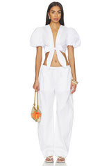 Poplin Bubble Sleeve Tie Front Top