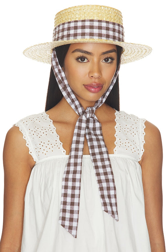 Straw Boater Hat With Gingham Ribbon Band