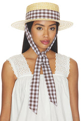 Straw Boater Hat With Gingham Ribbon Band