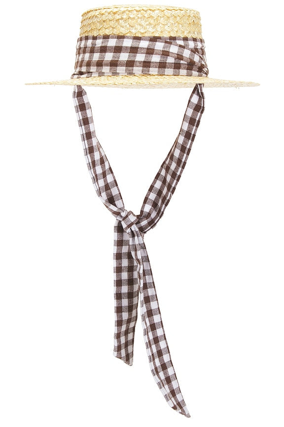 Straw Boater Hat With Gingham Ribbon Band