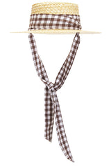 Straw Boater Hat With Gingham Ribbon Band