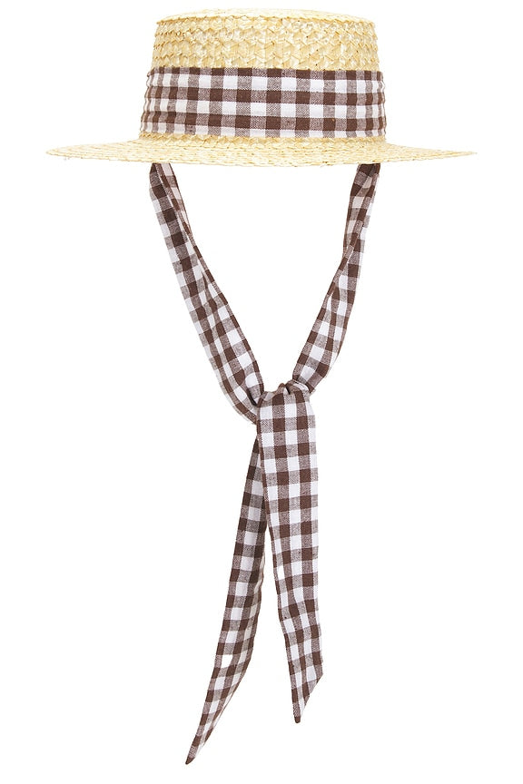 Straw Boater Hat With Gingham Ribbon Band