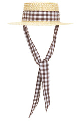 Straw Boater Hat With Gingham Ribbon Band