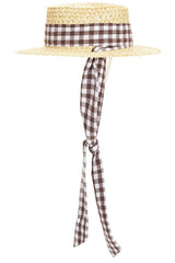 Straw Boater Hat With Gingham Ribbon Band