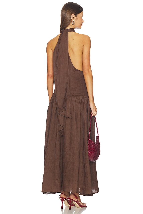 Linen Halter Drop Waist Maxi Dress