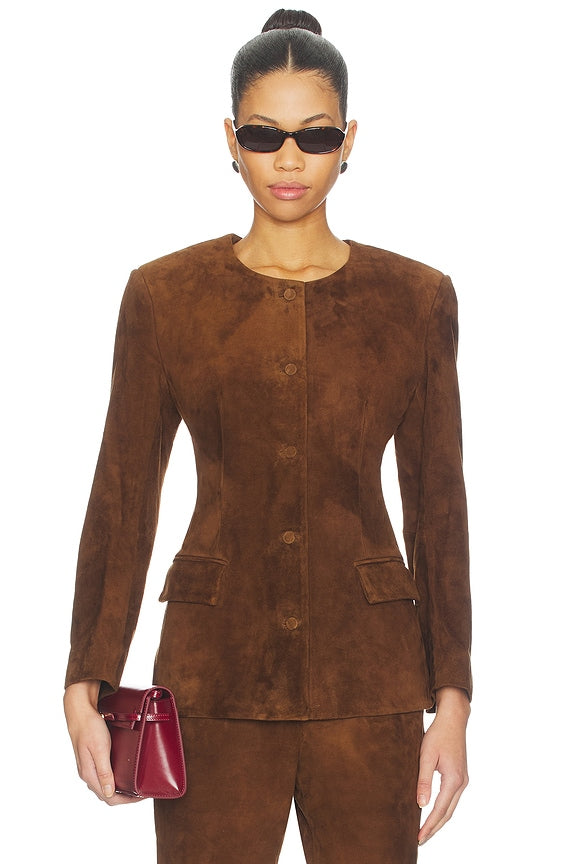 Leather Suede Padded Contour Blazer in Suede Honey Brown