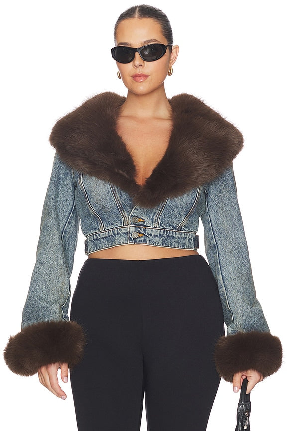 The Low Neck Denim Jacket With Faux Fur