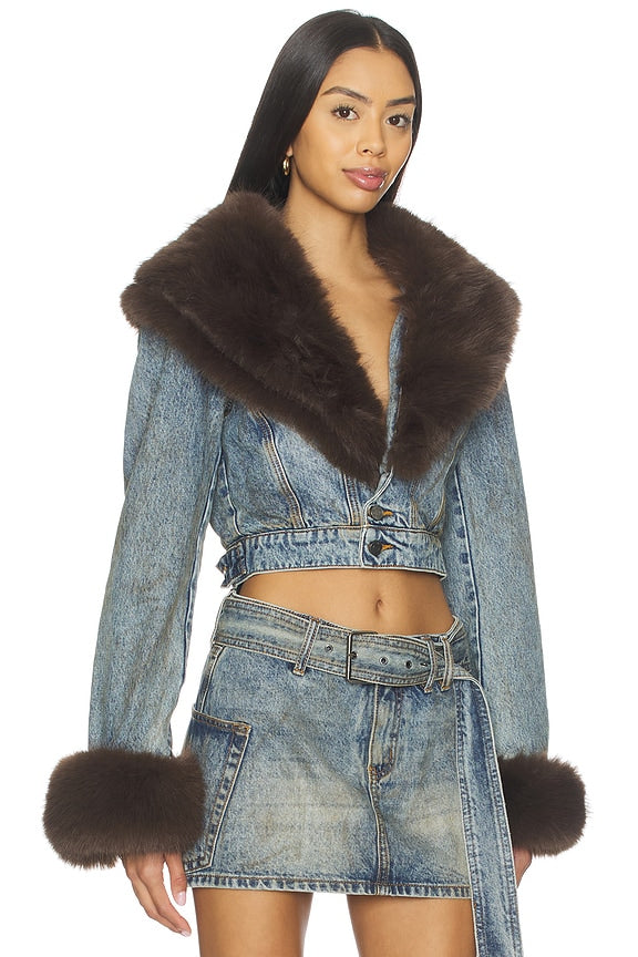 The Low Neck Denim Jacket With Faux Fur
