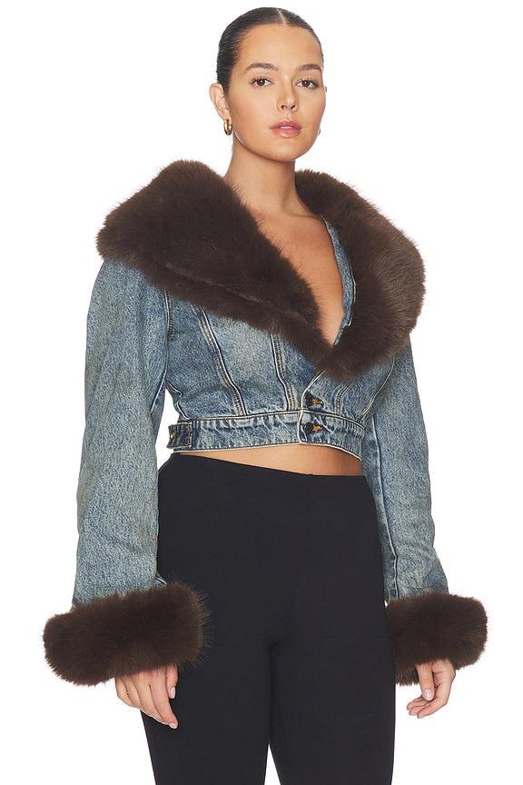 The Low Neck Denim Jacket With Faux Fur