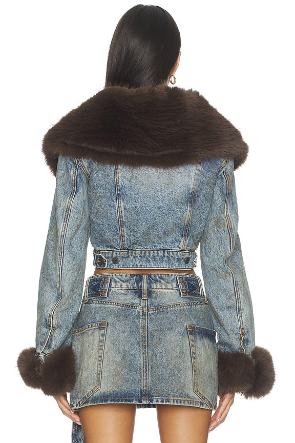 The Low Neck Denim Jacket With Faux Fur