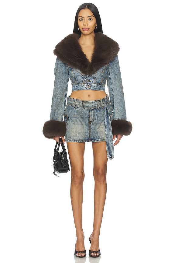 The Low Neck Denim Jacket With Faux Fur