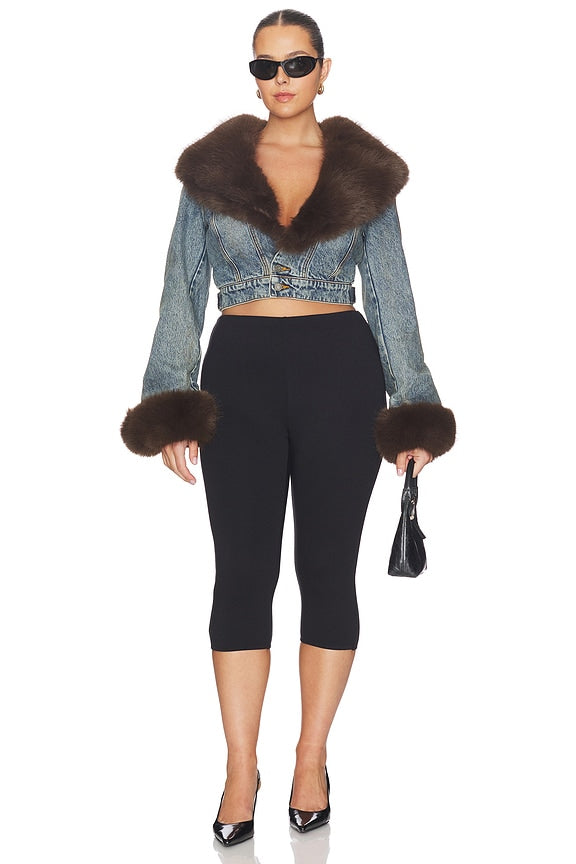 The Low Neck Denim Jacket With Faux Fur