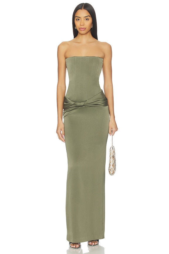 Strapless Longline Corset Twist Drape Column Dress