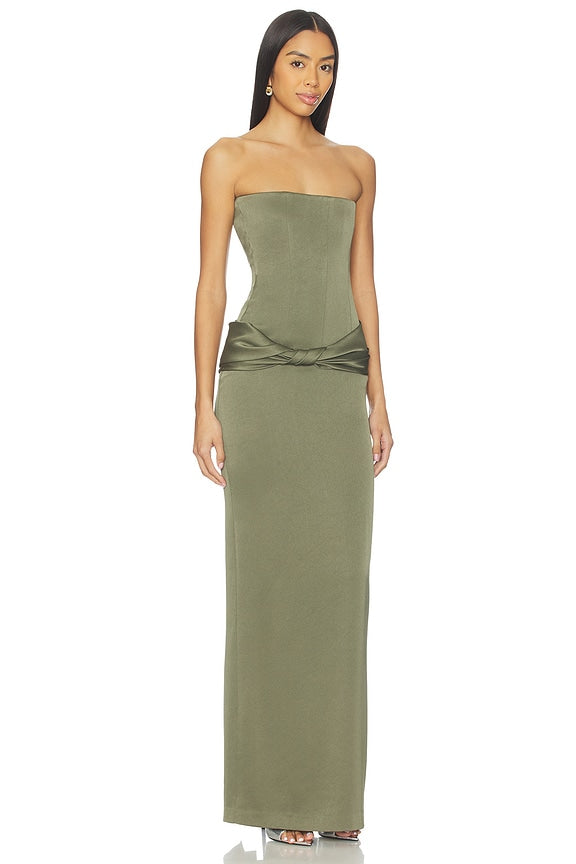 Strapless Longline Corset Twist Drape Column Dress