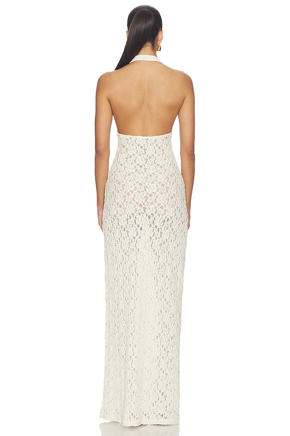 Puckered Lace Halter Dress
