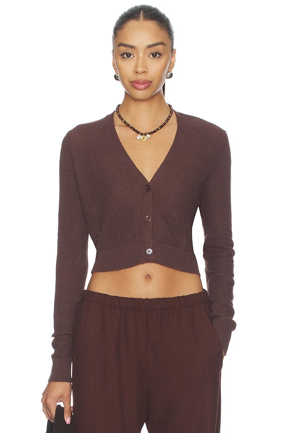 Linen Open Knit Cropped V-neck Cardigan
