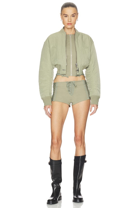 Open Lace Up Micro Shorts in Surplus Khaki