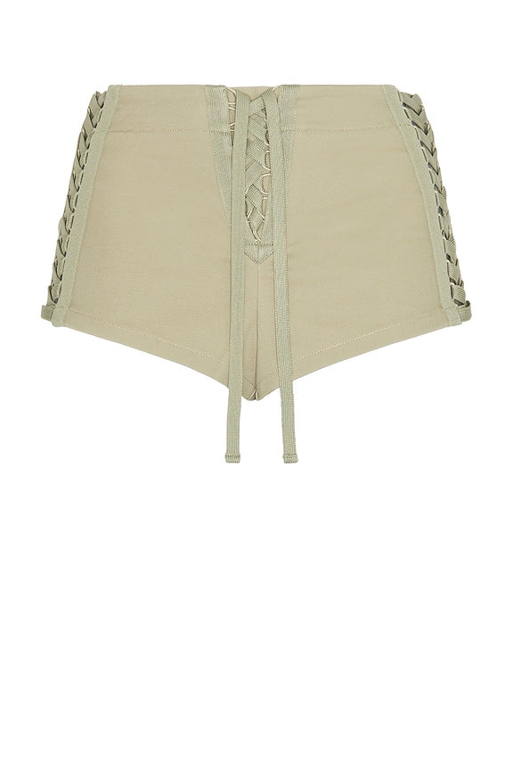 Open Lace Up Micro Shorts in Surplus Khaki
