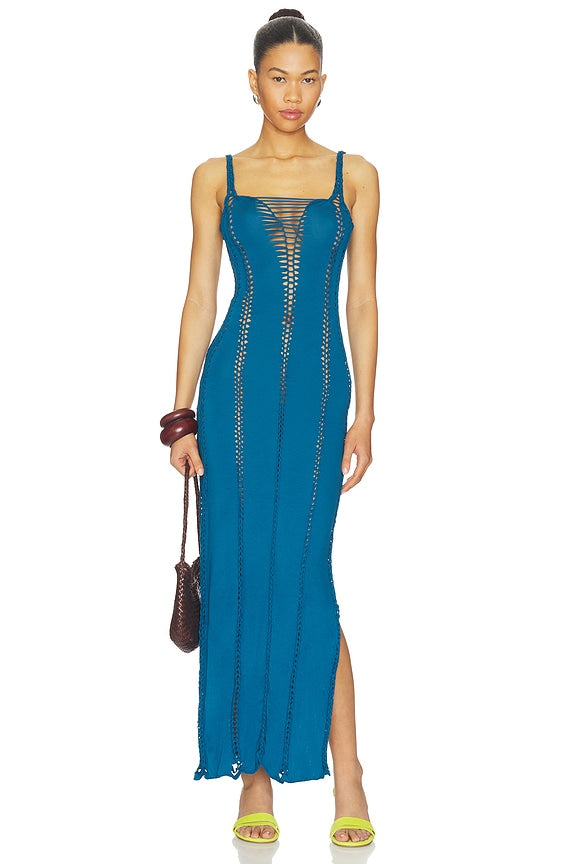 Soren Solid Maxi Slash Dress With Macrame Trim