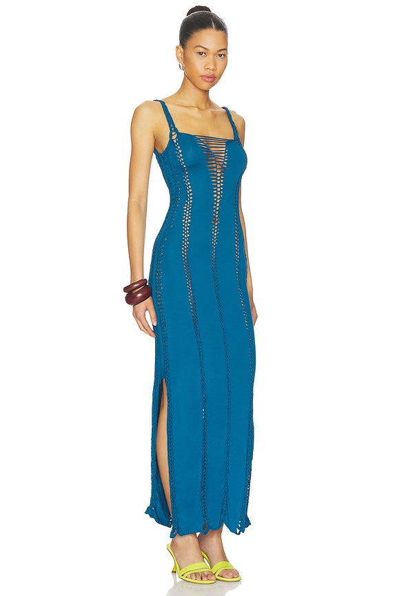 Soren Solid Maxi Slash Dress With Macrame Trim