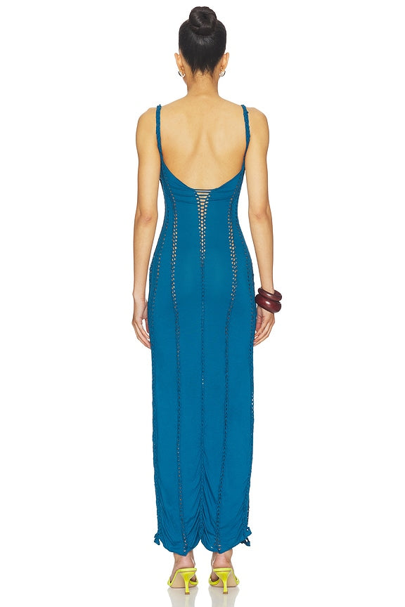 Soren Solid Maxi Slash Dress With Macrame Trim