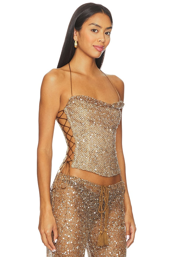 Draped Lace Up Corset Top