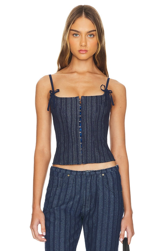 Charismatic Denim Corset in Dark Pinstripe