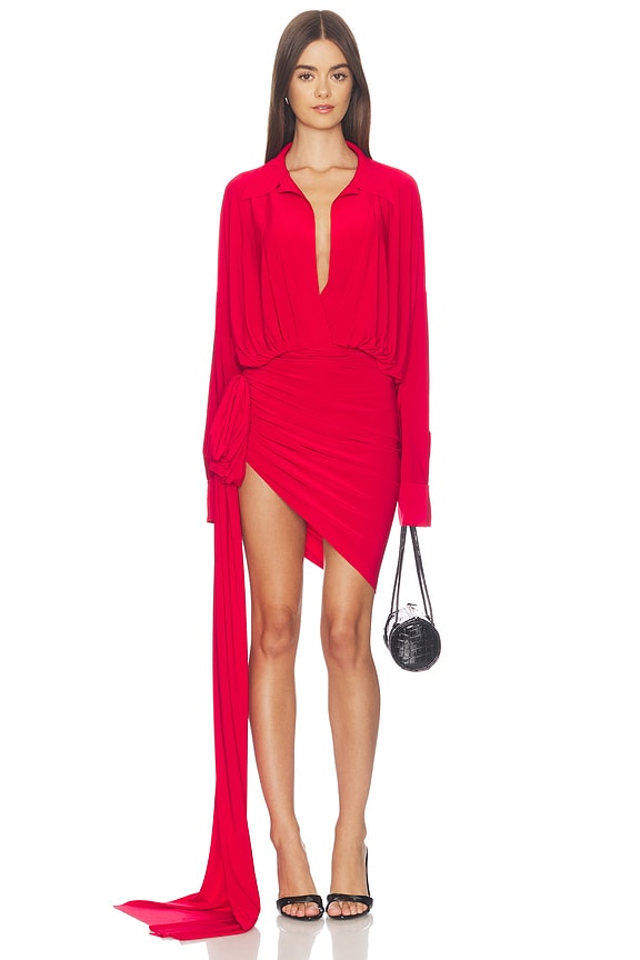 Oversized Shirt Side Drape Dress With Bow