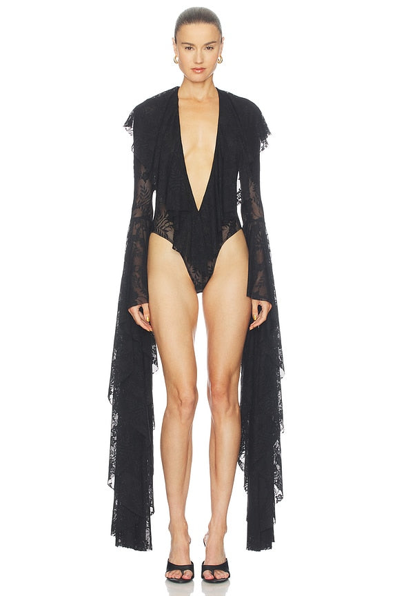 Xl Sleeve Deep V Ruffle Bodysuit