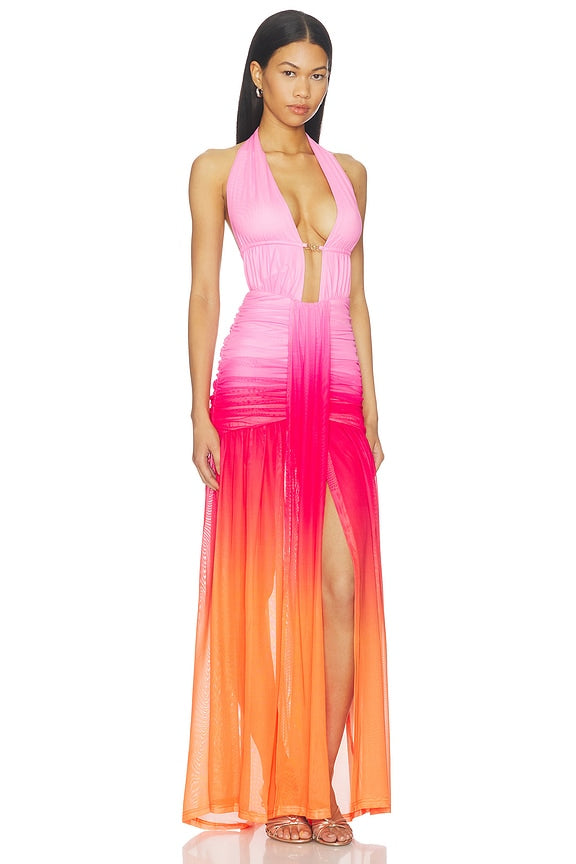 Adrianna Plunge Ruched Maxi Dress