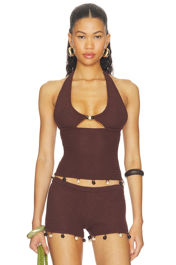 Bailee Deep-v Halter Knit Top