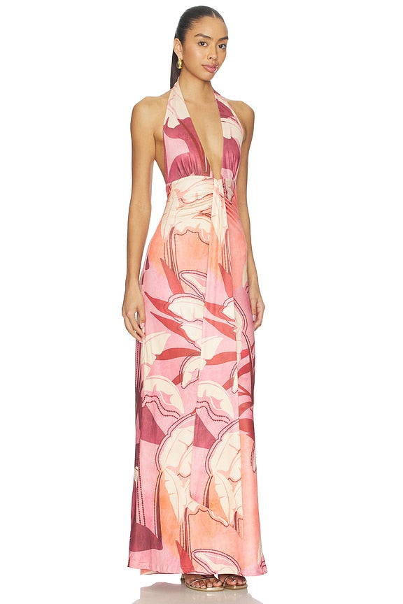 Kaeli Tie Front Halter Maxi Dress