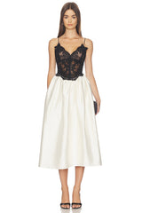 Cream Taffeta Contrast Lace Midi Dress