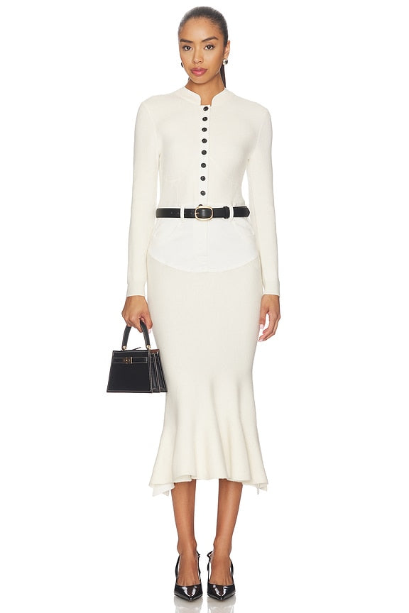 Cream Knit Denim Insert Midi Dress