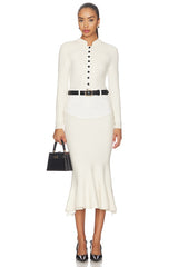 Cream Knit Denim Insert Midi Dress
